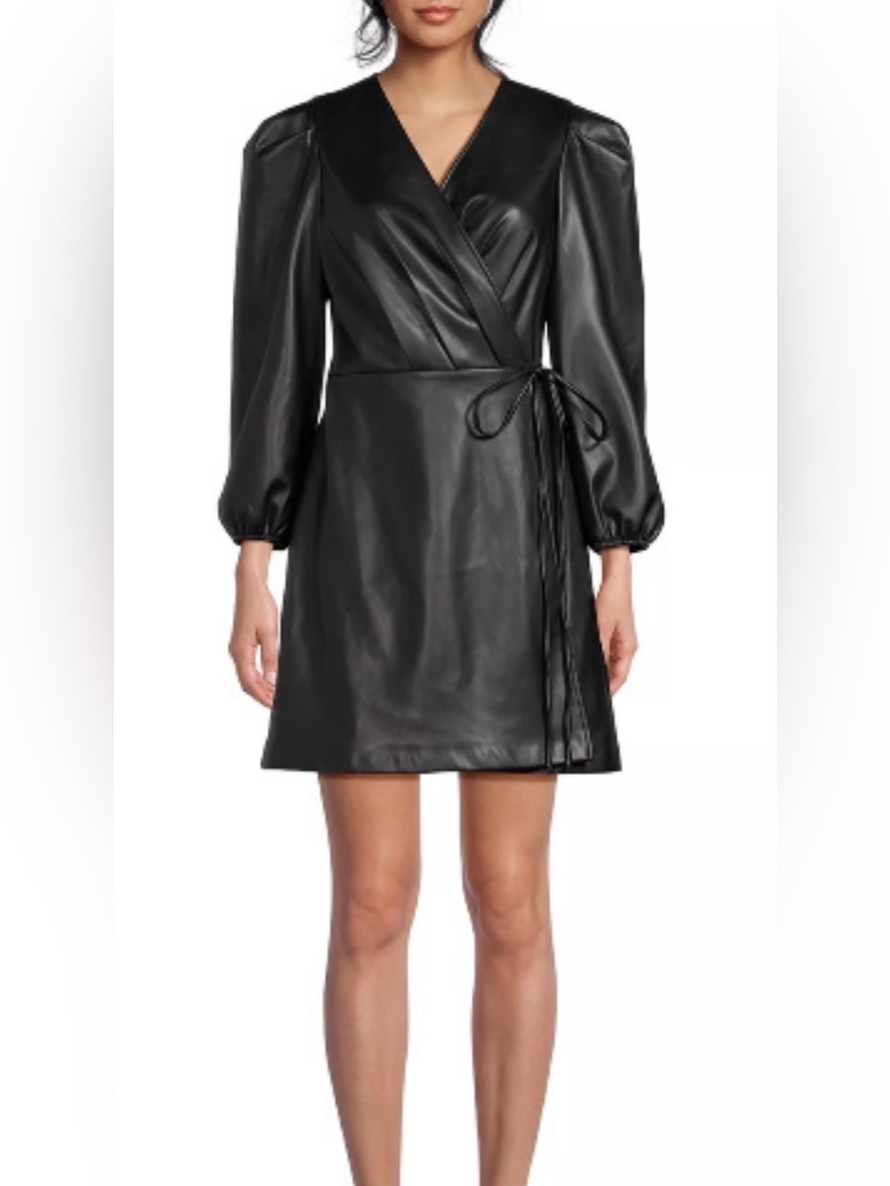 BCBG Paris Faux Leather Wrap Mini Dress Black Puff Sleeve Size Medium